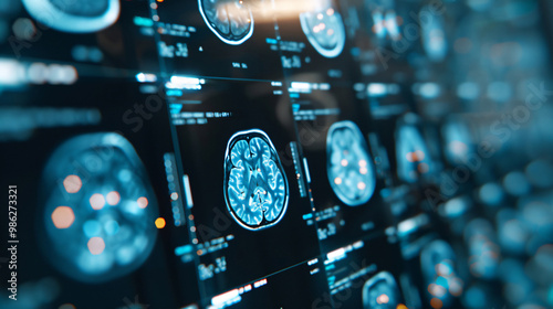 Collection of brain scans displayed on a high-tech medical screen, representing advanced diagnostics in healthcare.