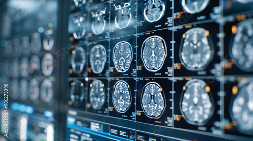 Multiple brain MRI images displayed on a digital screen, showcasing the use of advanced medical imaging for diagnostic purposes.