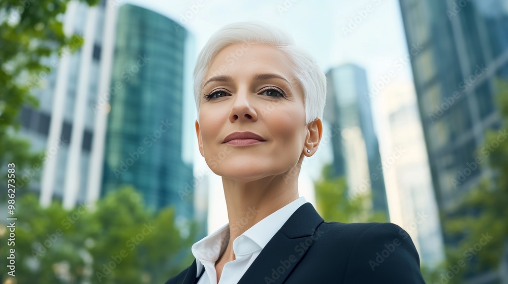 Confident businesswoman with short white hair standing in front of skyscrapers. Confident businesswoman with short white hair standing in front of skyscrapers.