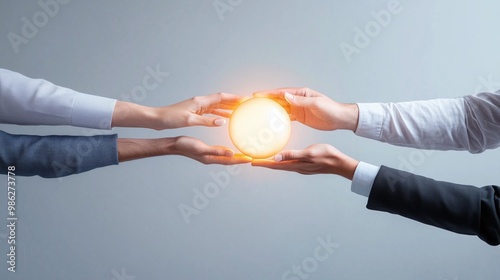 Two hands reach towards each other, holding a glowing orb symbolizing collaboration and shared goals. photo