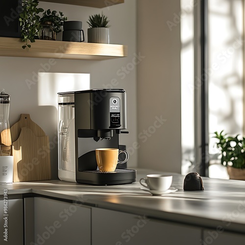 Modern Black Coffee Machine in a Stylish Kitchen with Cup - Sleek Home Appliance Closeup