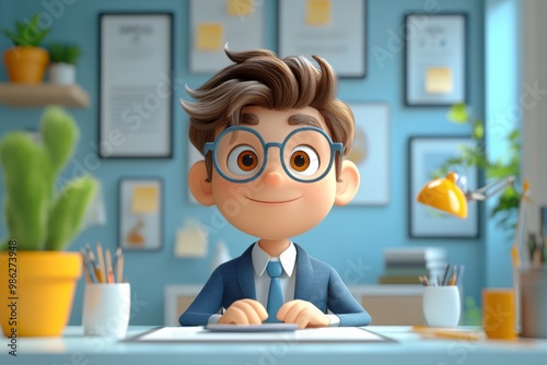 Wallpaper Mural Businessman wear suit work on office desk. 3d render and cute cartoon style financial background.  Torontodigital.ca