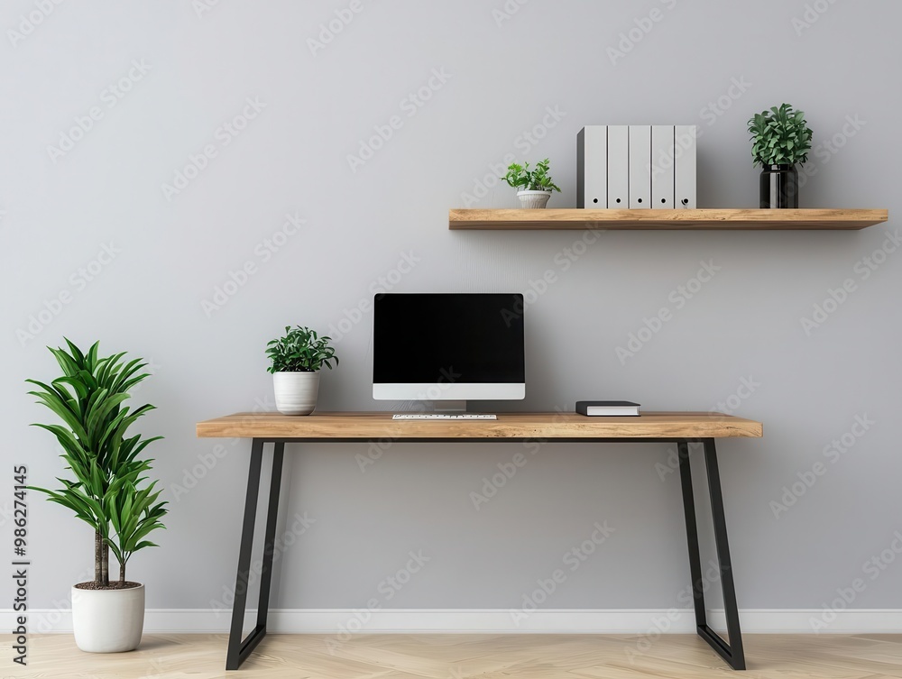 Minimalist home office with uncluttered desk and simple shelving, minimalistic interior, focused workspace Minimalist home office with uncluttered desk and simple shelving, minimalistic interior, focused workspace