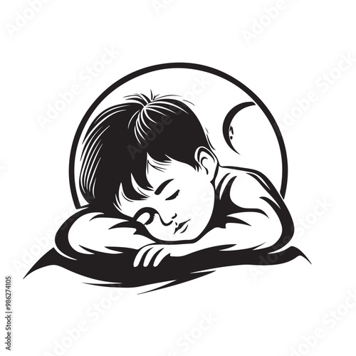 Black and white Sleeping Child image vector isolated on Transparent Background.