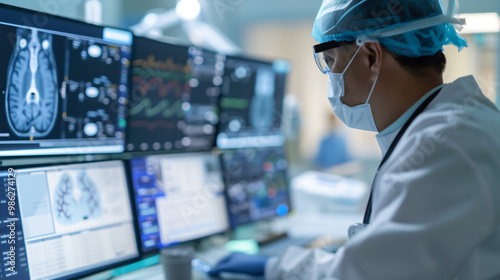 Neurosurgeon reviewing brain scans on multiple monitors, representing advanced medical technology in brain surgery and diagnostics.