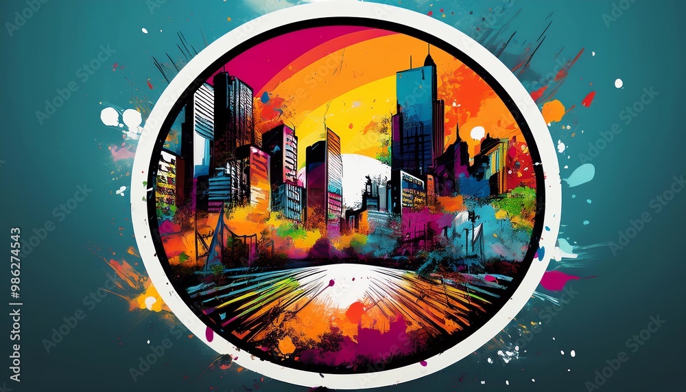 Obraz premium A vibrant urban landscape depicted in colorful, abstract art featuring skyscrapers and a reflective body of water, surrounded by dynamic splashes of color.