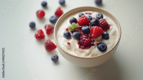 Blueberry fruit and yogurt in bowl isolated over white background