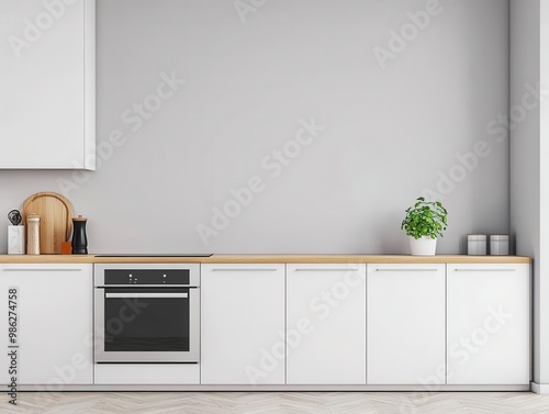 Simple kitchen with white cabinets and streamlined appliances, minimalistic furniture, harmonious design