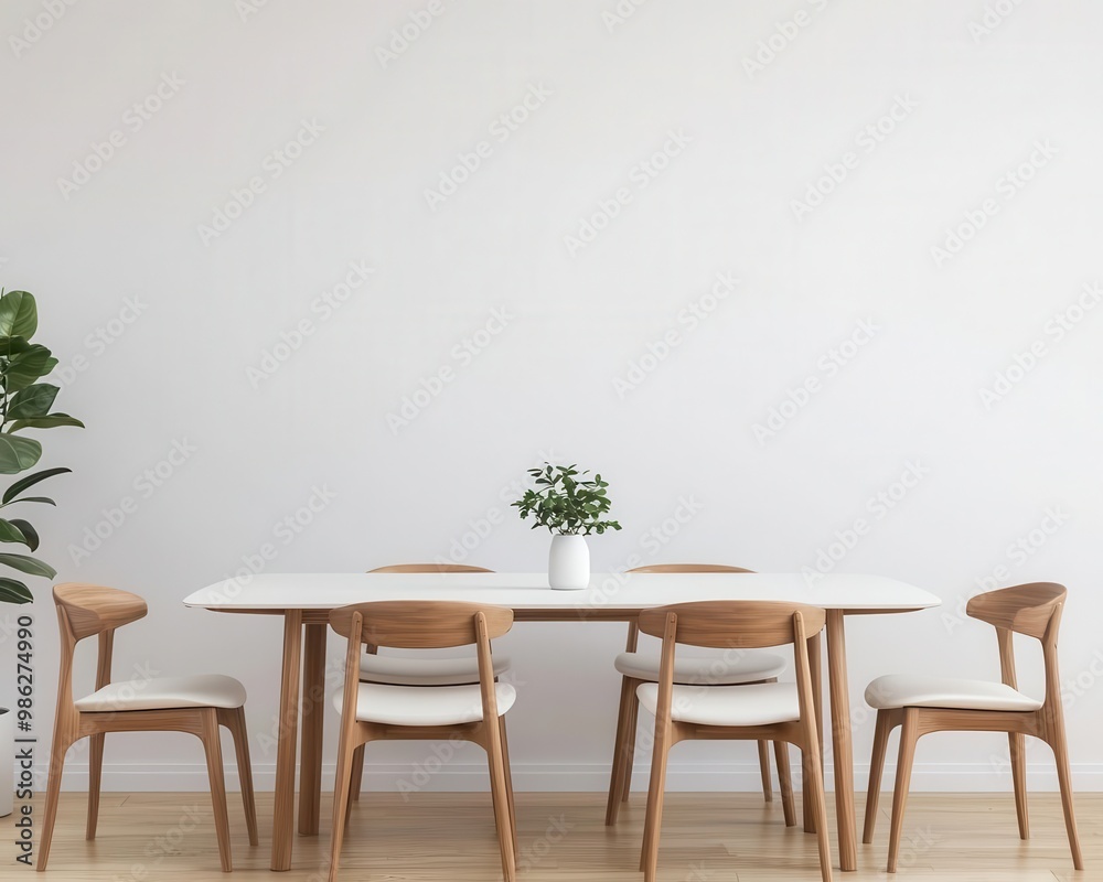 Modern dining area with clean table and matching chairs, minimalistic design, furniture symmetry Modern dining area with clean table and matching chairs, minimalistic design, furniture symmetry