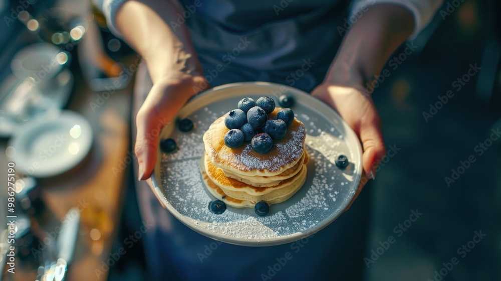 Hand holding a plate of blueberry pancake Hand holding a plate of blueberry pancake