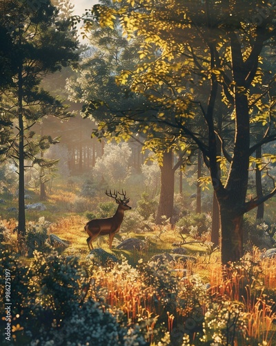 Cute deer walking green forest nature picture