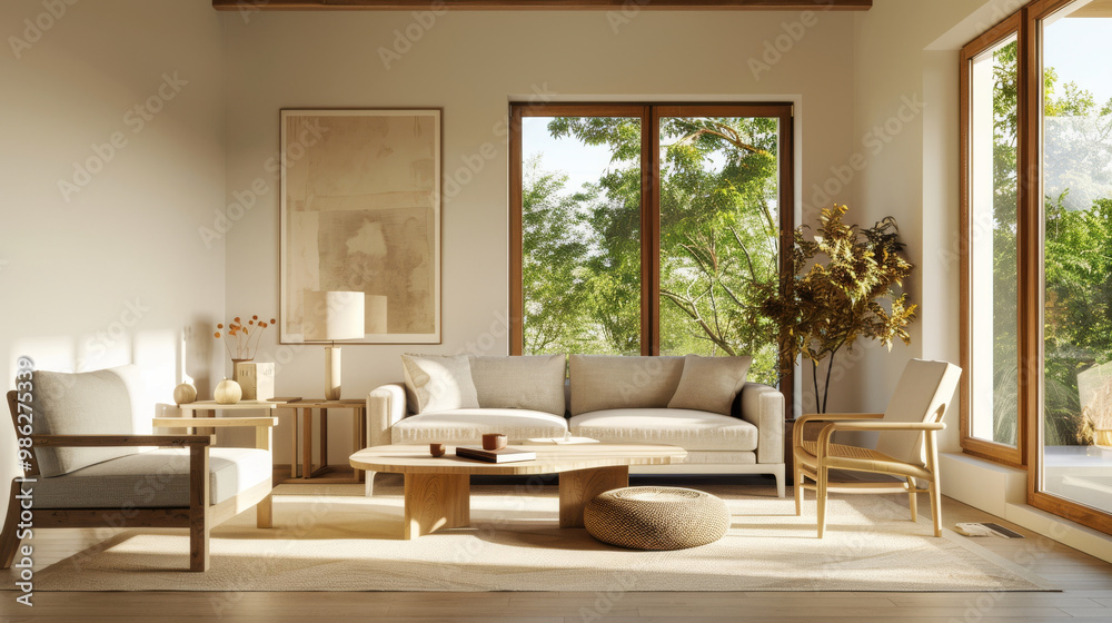 A cozy living room with light wooden furniture, large windows, and natural light creating warm atmosphere. space features comfortable sofa, stylish chairs, and decorative plants, enhancing inviting fe A cozy living room with light wooden furniture, large windows, and natural light creating warm atmosphere. space features comfortable sofa, stylish chairs, and decorative plants, enhancing inviting fe
