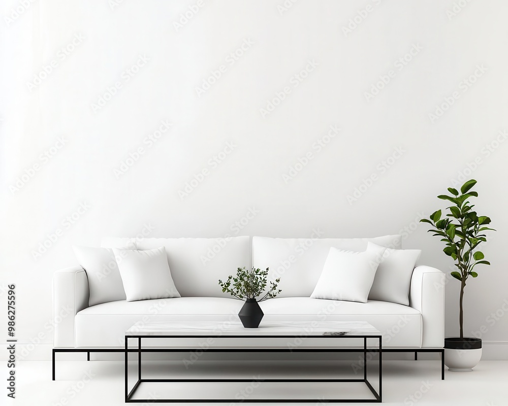 Elegant living area with low-profile sofa and minimalist coffee table, minimalistic design, harmony and balance Elegant living area with low-profile sofa and minimalist coffee table, minimalistic design, harmony and balance