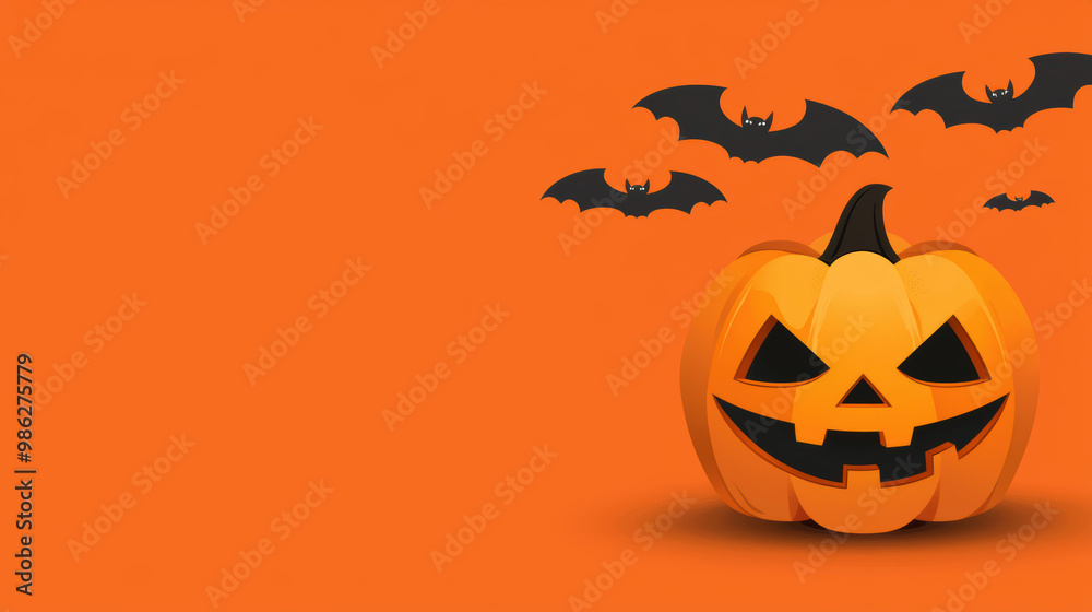 Jack-o'-lantern surrounded by bats, haunted house in the background, flat design illustration Jack-o'-lantern surrounded by bats, haunted house in the background, flat design illustration