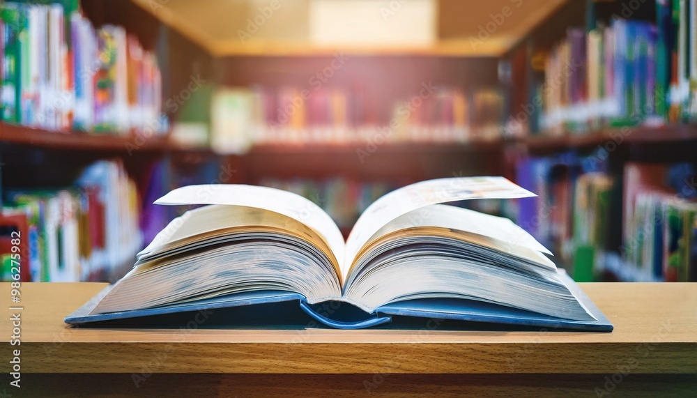 Book in library with old open textbook, stack piles of literature text Book in library with old open textbook, stack piles of literature text