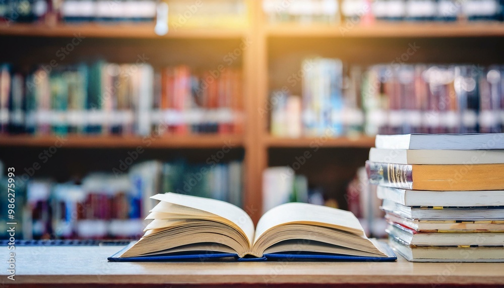 Book in library with old open textbook, stack piles of literature text Book in library with old open textbook, stack piles of literature text