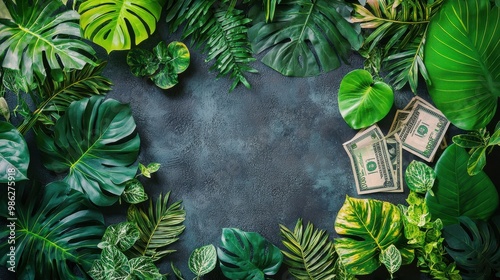 A vibrant composition featuring lush green leaves surrounding scattered dollar bills on a textured surface. photo