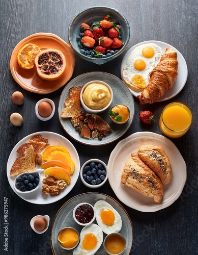 Varied breakfast foods laid out on plates on a table