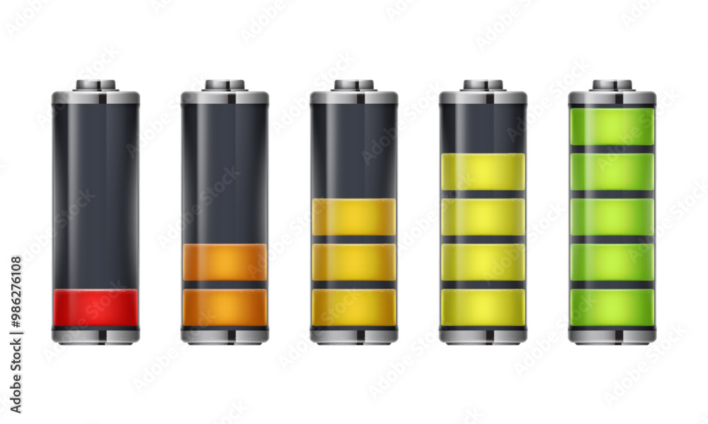 Realistic set of battery charge indicators. Various level energy accumulator indicator icons. Realistic set of battery charge indicators. Various level energy accumulator indicator icons.