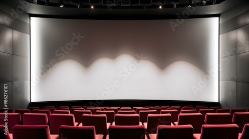 Empty Cinema Hall With Red Seats and a Large Screen Illuminated in a Quiet Atmosphere Before the Movie Starts
