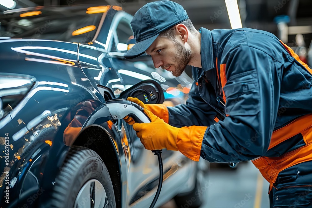 A technician performing maintenance on a high-speed electric vehicle charger A technician performing maintenance on a high-speed electric vehicle charger