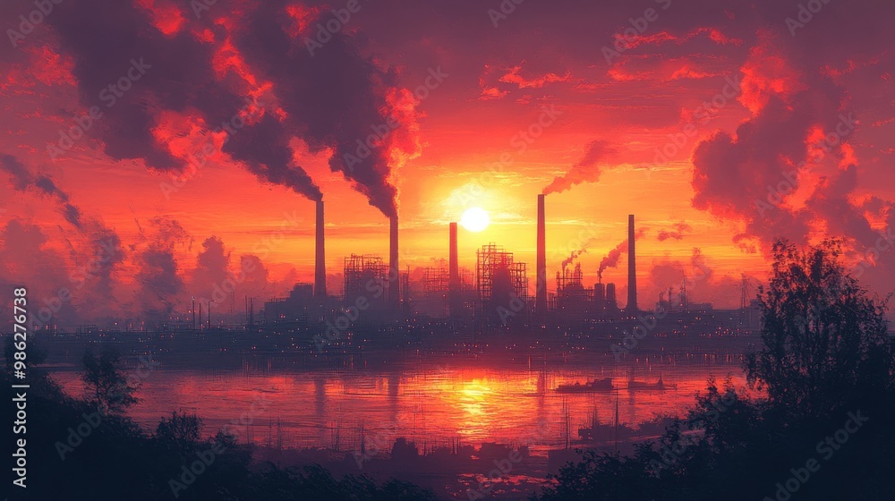 Fototapeta premium Industrial Sunset with Smoke Stacks