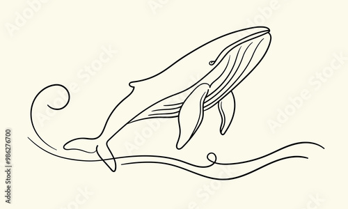 Whale outline, continuous line art drawing isolated on yellow background. Wildlife animals. Whale jumping over water with birds. Vector illustration