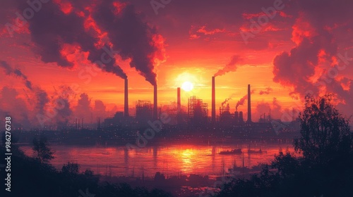 Industrial Sunset with Smoke Stacks