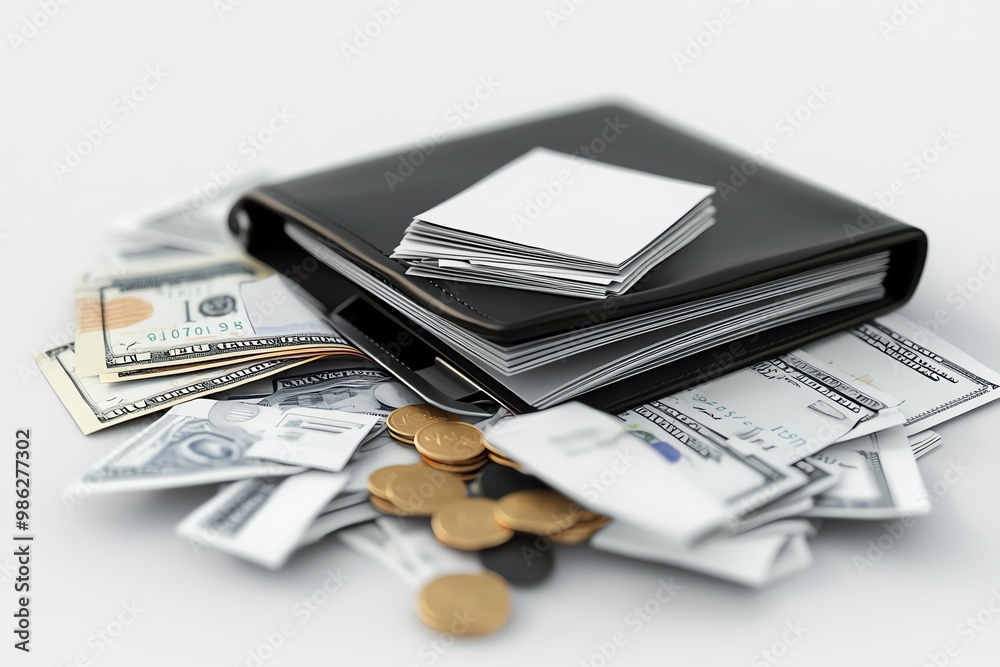 Wallet with cash, coins, and credit cards, representing financial planning and money management on a white background. Wallet with cash, coins, and credit cards, representing financial planning and money management on a white background.