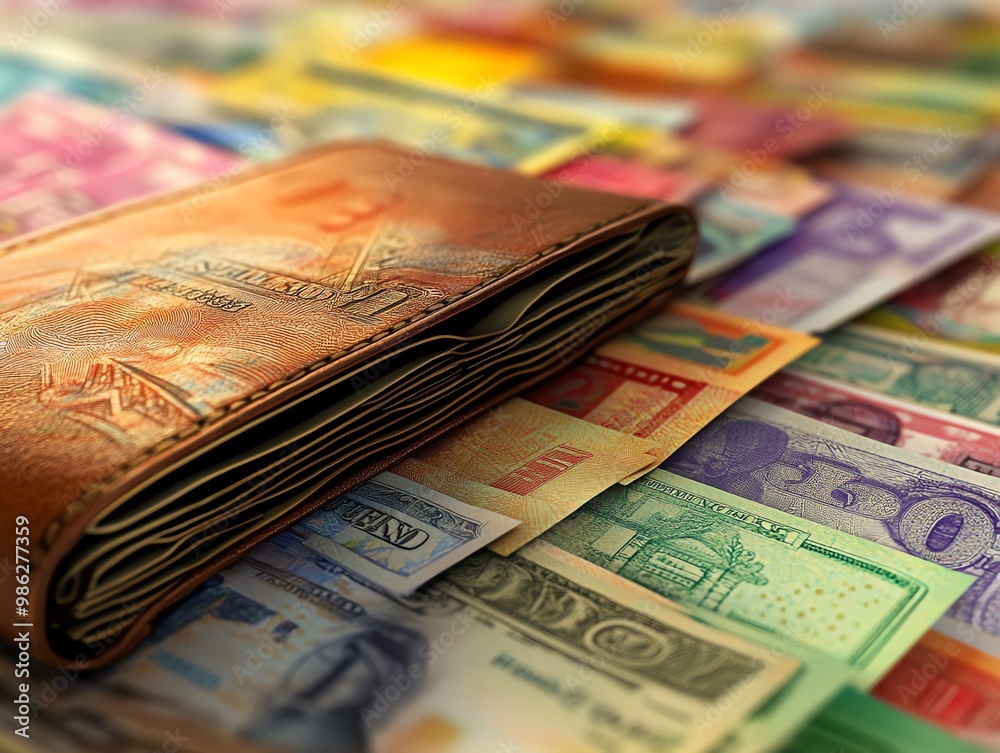 A leather wallet placed on a stack of various international currency notes, representing global finance and currency exchange. A leather wallet placed on a stack of various international currency notes, representing global finance and currency exchange.