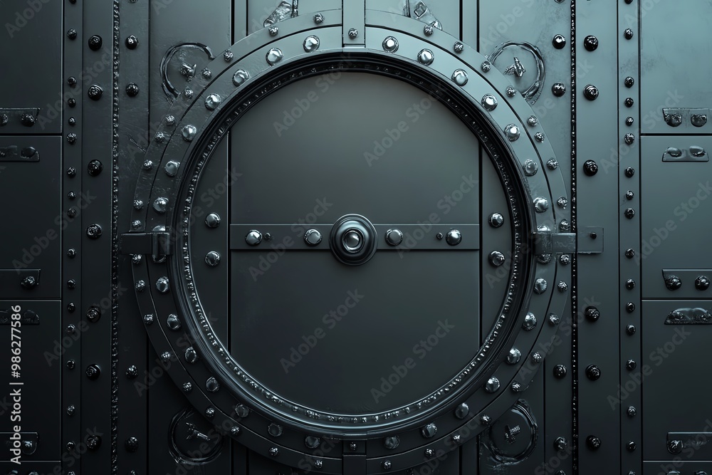 Close-up of a sturdy metal vault door with complex locking mechanisms, emphasizing security, strength, and industrial design. Close-up of a sturdy metal vault door with complex locking mechanisms, emphasizing security, strength, and industrial design.