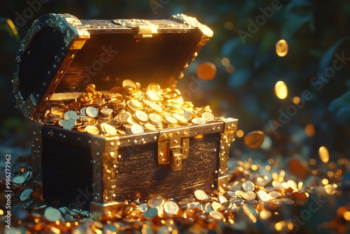 Open treasure chest overflowing with gold coins in a mystical forest, illuminated by enchanting light rays.