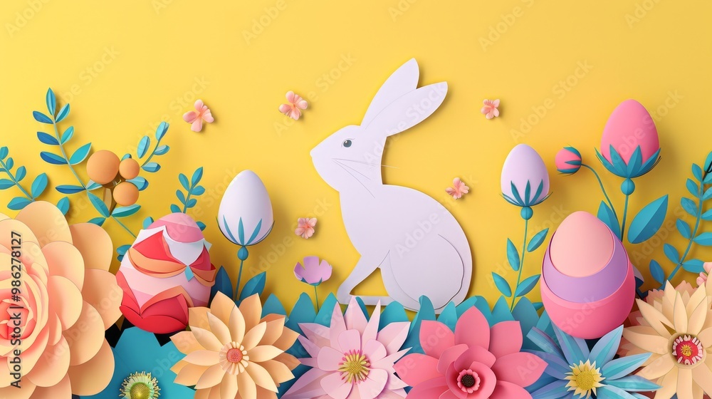 Happy Easter Greeting Card with Colorful Cut Flowers and Bunny. Happy Easter Greeting Card with Colorful Cut Flowers and Bunny.