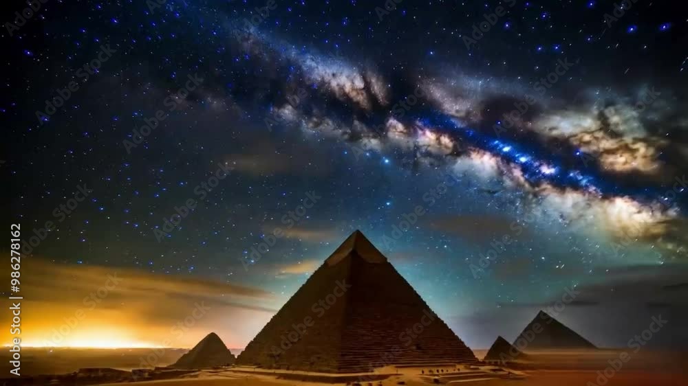 The great pyramids of Giza in Egypt under the vibrant night sky with milky way