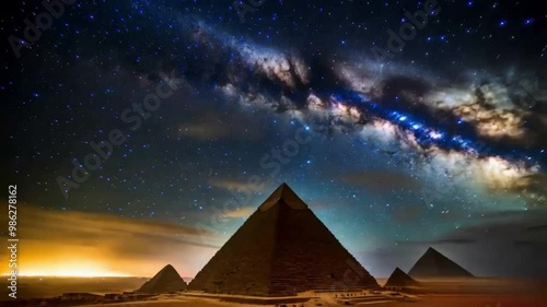 The great pyramids of Giza in Egypt under the vibrant night sky with milky way