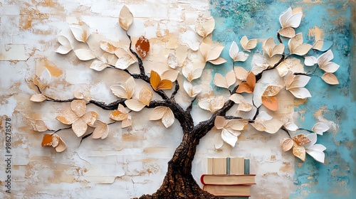 Abstract painting of knowledge as a tree with books for leaves, conceptual education art
