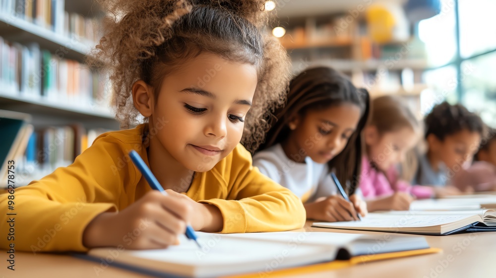 Children writing stories in a sunlit library, creative writing and imagination