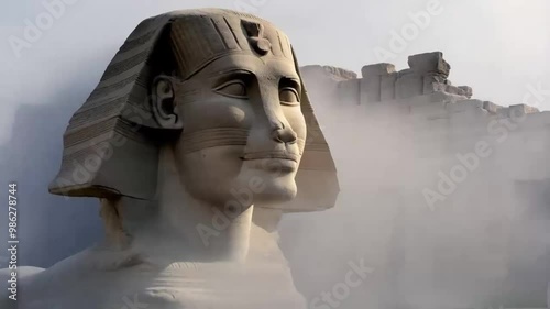 Great Sphinx of Giza near Cairo, Egypt. It is mythical creature with the head of man and the body of a lion. The face of the Sphinx appears to represent the pharaoh Khafre