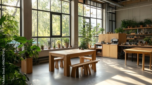 Classroom filled with green plants and natural light, eco-friendly learning space
