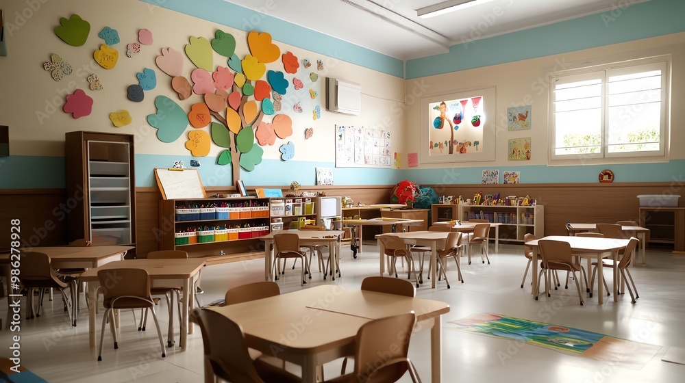 Classroom with colorful art on the walls, inspiring creativity in learning Classroom with colorful art on the walls, inspiring creativity in learning
