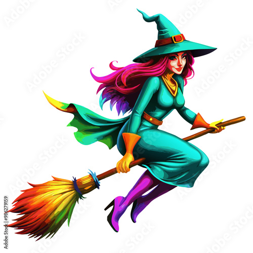 Colorful Witch Flying on Broomstick in Fantasy Scene