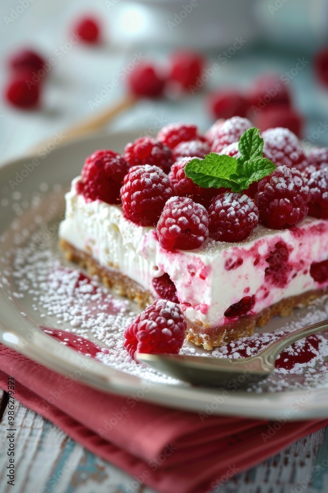 Delicious cheese cake with raspberry fruit on table Delicious cheese cake with raspberry fruit on table