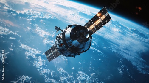 A satellite orbits Earth, capturing a stunning view of the planet with its blue oceans and white clouds against the vastness of space.