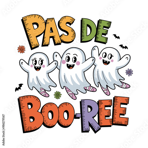 Three ghosts are dancing and the words "pas de boo-ree" are written below them, vector image
