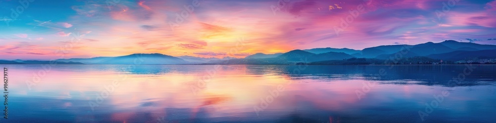 Naklejka premium sunset, landscape, lake, mountains, reflections, nature, colors, serene, tranquility, atmospheric, vivid, dramatic, peaceful scene at dusk, beautiful color gradient in the sky, mesmerizing view of wa