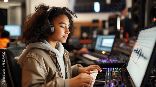 Students creating digital music tracks, technology and music fusion