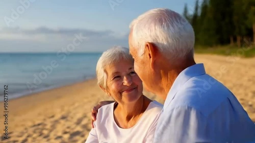 A senior couple is seen enjoying their time on a cruise ship, standing on the deck with a beautiful ocean view in the background. They are smiling and laughing, clearly enjoying their retirement