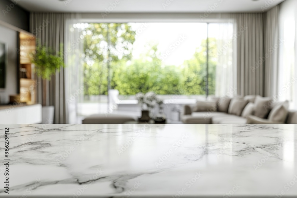 Fototapeta premium White marble kitchen tabletop or kitchen island with copy space over blurred comfortable living room with generative ai