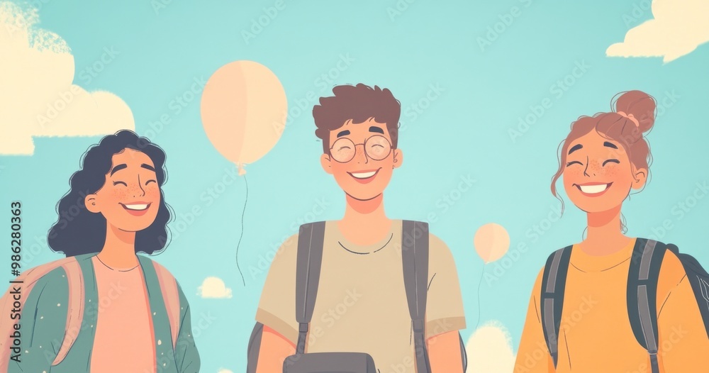 Three Friends Taking a Selfie with Smiling Faces in a Cartoon Style, Surrounded by a Colorful Concept Art Background Three Friends Taking a Selfie with Smiling Faces in a Cartoon Style, Surrounded by a Colorful Concept Art Background