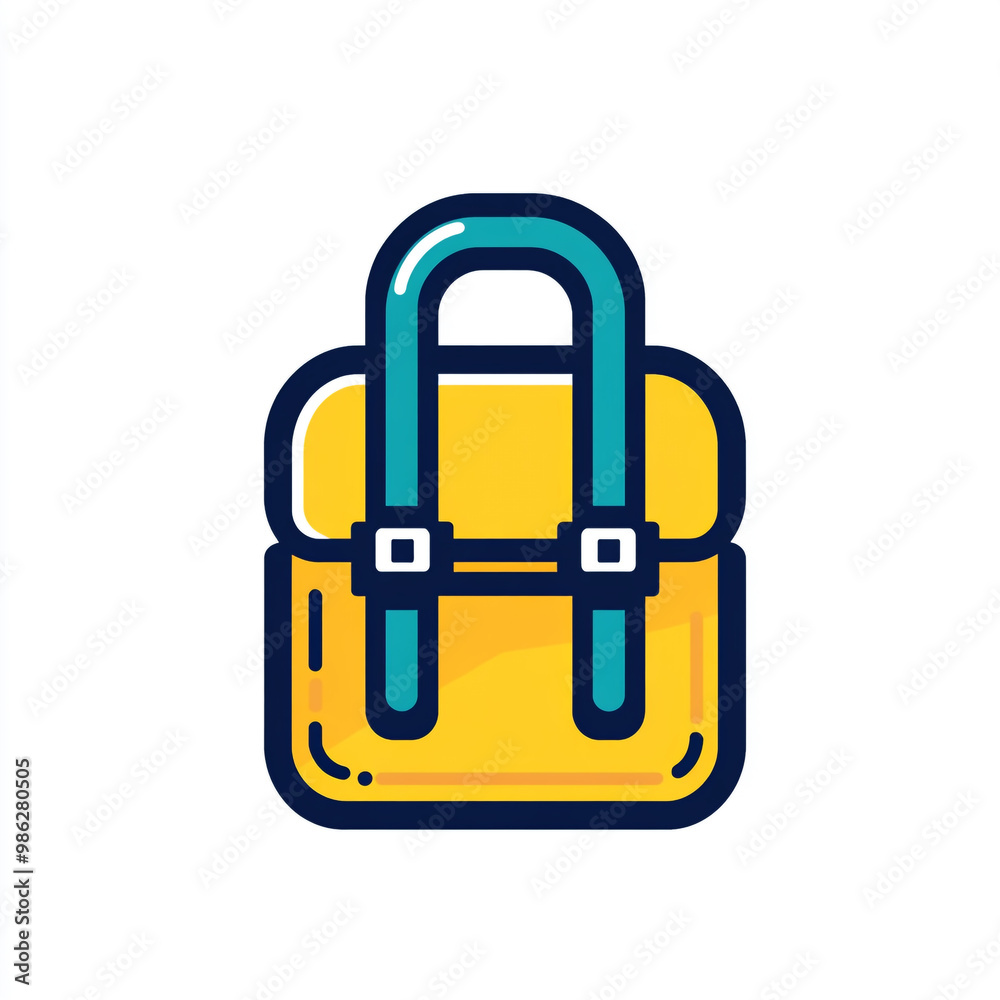 A simple yellow backpack icon with blue accents in a simple line art style with a simple design. Isolated on a white background. 